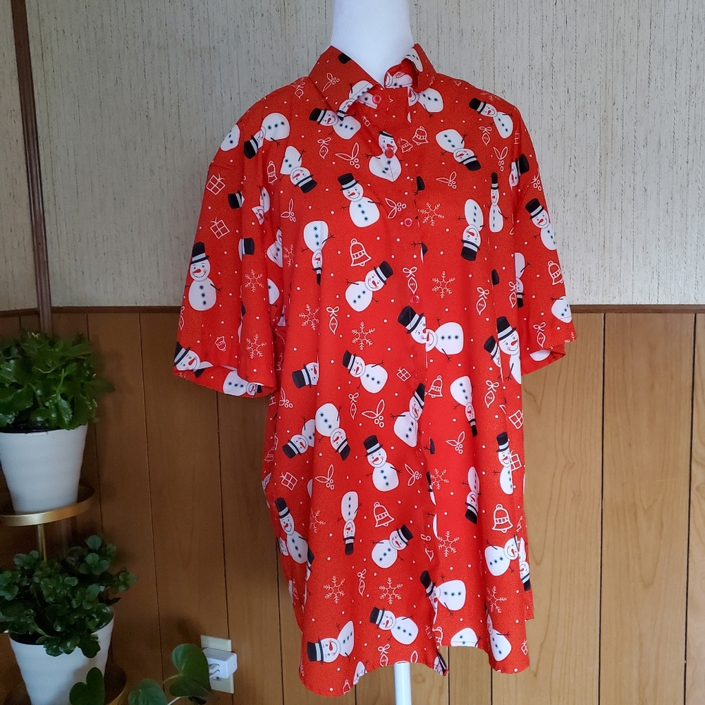 ENVYMENST Red Snowman Christmas‎ Button Down Shirt Size Large